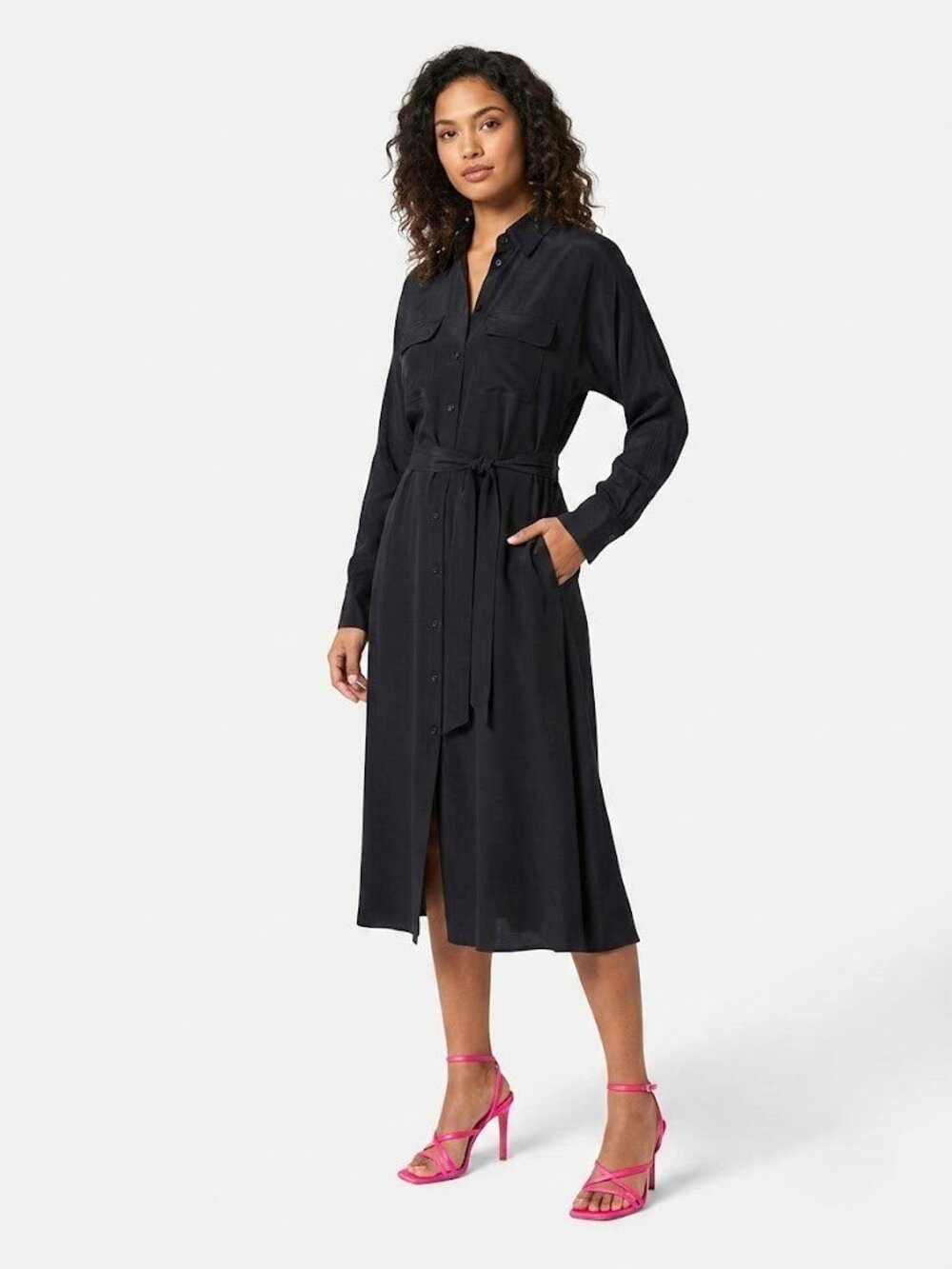 NWT Equipment Haelee in True Black Washed-Silk Back Cutout Midi Shirt Dress 2